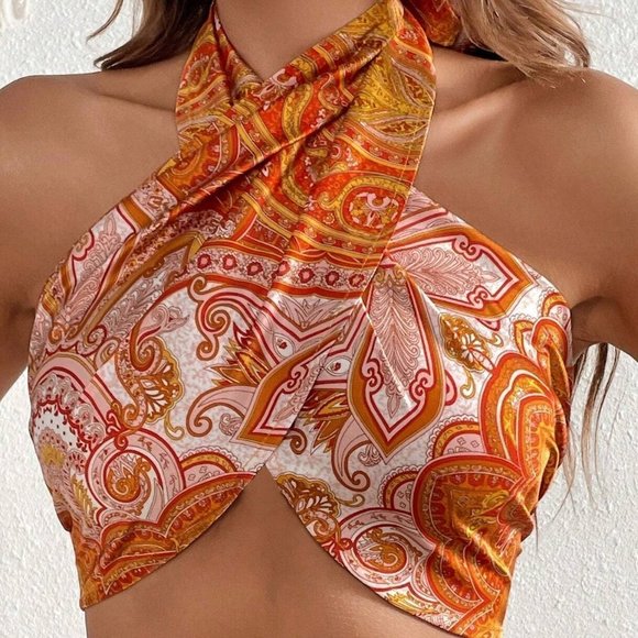Boho Womens Cross Wrap Tie Backless Halter Top - Picture 2 of 3